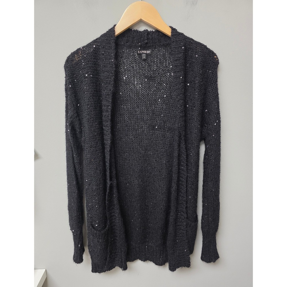 Express Cardigan Womens S Black Sequin Mohair Wool Blend Open Front Knit Sweater
